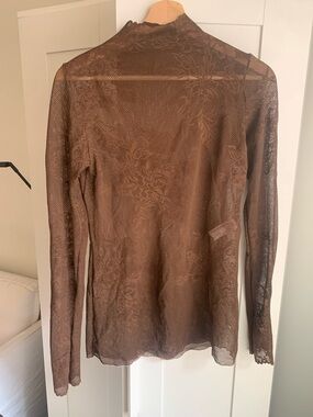Zara Brown Sheer Lace Long Sleeve Top